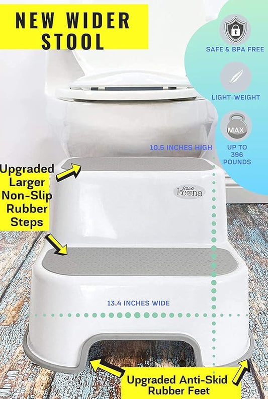 [New Version] Wider Dual Height 2 Step Stool for Kids | Toddler's Stool for Potty Training and Use in The Bathroom or Kitchen | BPA-Free Strong Soft-Grip Steps for Comfort and Safety (2 Pack, Greige)