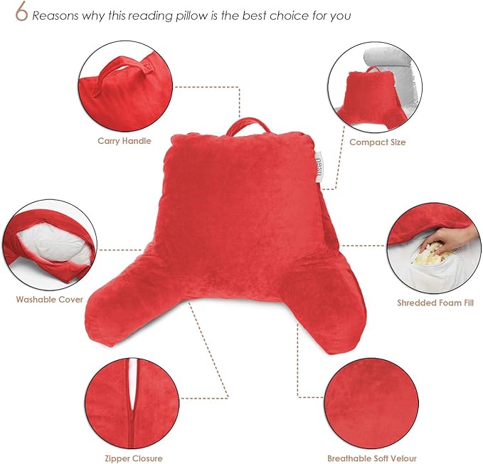 Nestl Reading Pillow Standard Bed Pillow, Back Pillow for Sitting in Bed Shredded Memory Foam Chair Pillow, Reading & Bed Rest Pillows Cherry Red Back Pillow for Bed, Bed Chair Arm Pillow with Pockets