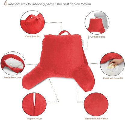 Nestl Reading Pillow for Kids, Small Bed Pillow, Back Pillow for Sitting in Bed, Memory Foam Chair Pillow, Reading & Bed Rest Pillows, Cherry Red Back Pillow for Bed, Arm Pillow with Pockets