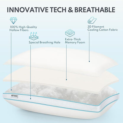Bed Pillows Queen Size - Premium Luxury Hotel Quality Cooling Bed Pillows for Sleeping,Soft Fluffy & Memory Foam Filling,Support Loft Gusseted Bed Pillows for Side and Back Sleepers (Medium)