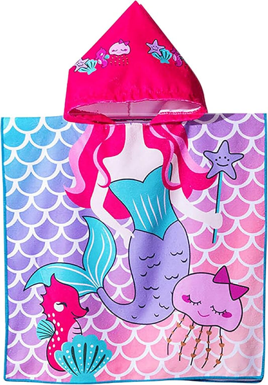 Mermaid Toddler Bath Beach Towel with Hood for Girls Ages 2-4 Years Kids Bath Towel Hooded Pool Towel Microfiber Absorbent Swim Cover Up Poncho Towel 24" x 24"