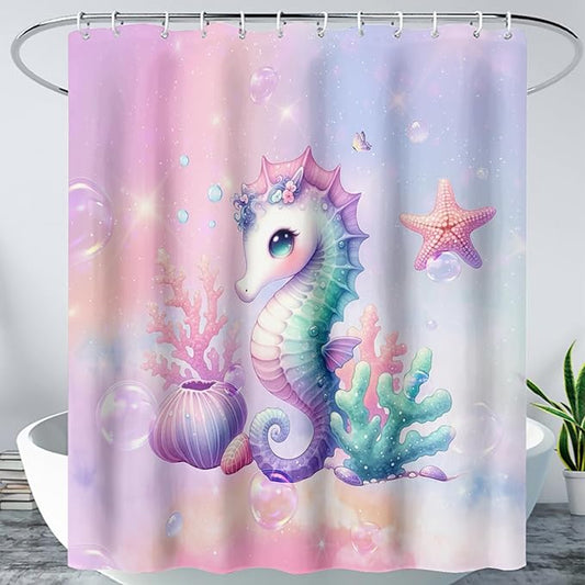 AILONEN Cute Seahorse Shower Curtain for Kids Girls,Rainbow Seahorse Bath Curtain,Ocean Coral Starfish Kawaii Shower Curtain Waterproof for Bathroom Decor with 12 Plastic Hooks, 72" W*84" H