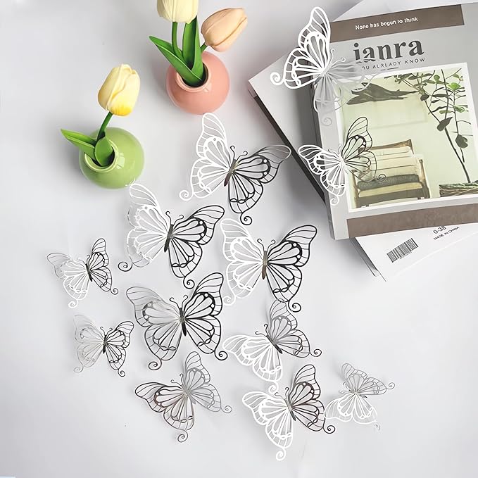 3D Butterfly Wall Decor 3 Sizes 4 Styles, Kurilai 48Pcs Butterfly Decorations Party Birthday Cake Decoration, Removable Wall Stickers for Kids Nursery Wedding Bedroom Room Decor (Silver)
