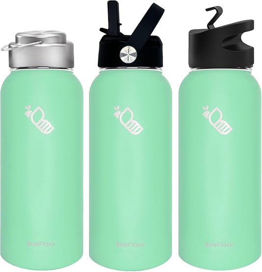 Sports Water Bottle - 32 Oz, 3 Lids (With straw), 50 Cute Stickers, Vacuum Insulated, 308 Stainless Steel, with a Portion of Sales Supporting Bee Conservation Efforts (Mint Green)