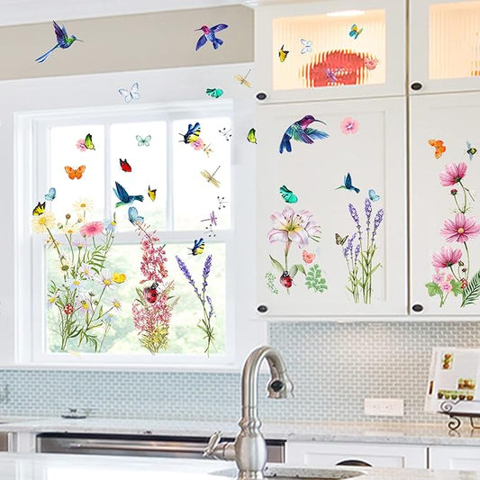 Garden Flower Wall Decals Window Clings, Narcissus Iris Florals Window Decals Peel and Stick, Green Leaves Wall Vinyl Decal, Butterfly Bouquet Wall Art Decor for Girls Bedroom Window Doors