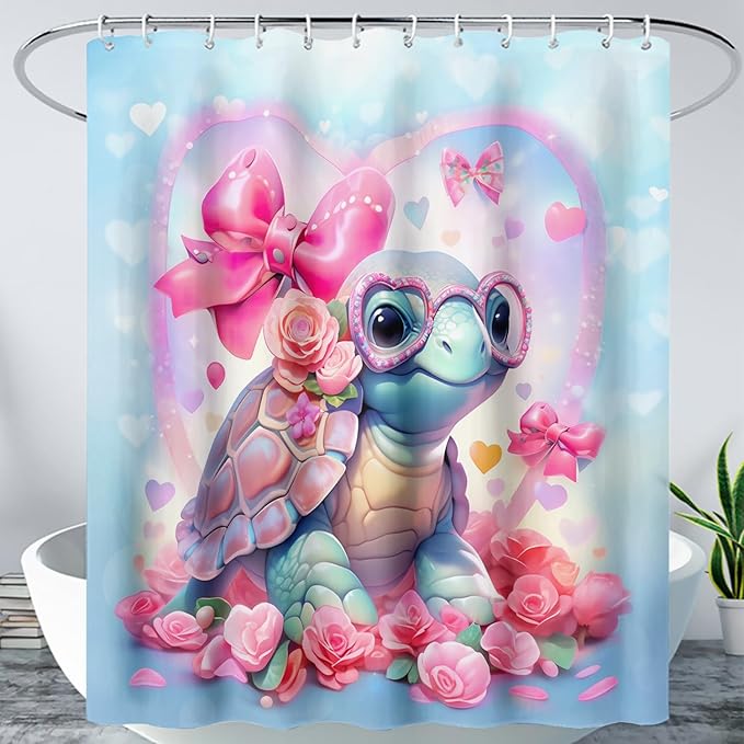 AILONEN Cute Sea Turtle Shower Curtain for Bathroom,Kawaii Turtle Pink Flower Print Bath Curtain 72" W*84" H,Girls Women Modern Decorative Waterproof Curtain with 12 Plastic Hooks