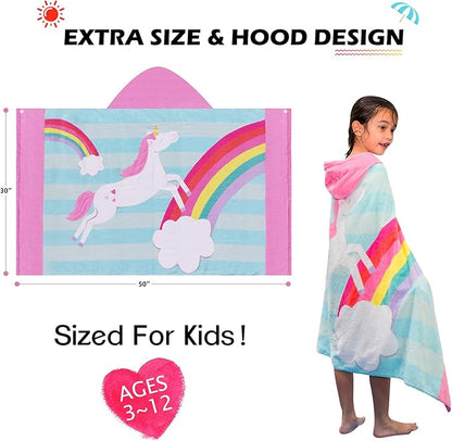 BANGSAUR Kids Hooded Beach Bath Towels, Oversize 100% Cotton 50"x30" Wrap, Toddlers Girls 3-12 Years Coverup Flamingo