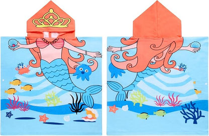 Kids Blue Mermaid Hooded Beach Towel Girls Cute Poncho Pool Towels with Hood 24*47 in Soft Microfiber Swim Cover-ups Kids Ages 3-10 Thick Absorbent Cotton Hooded Bath Towel Wrap Bathrobe