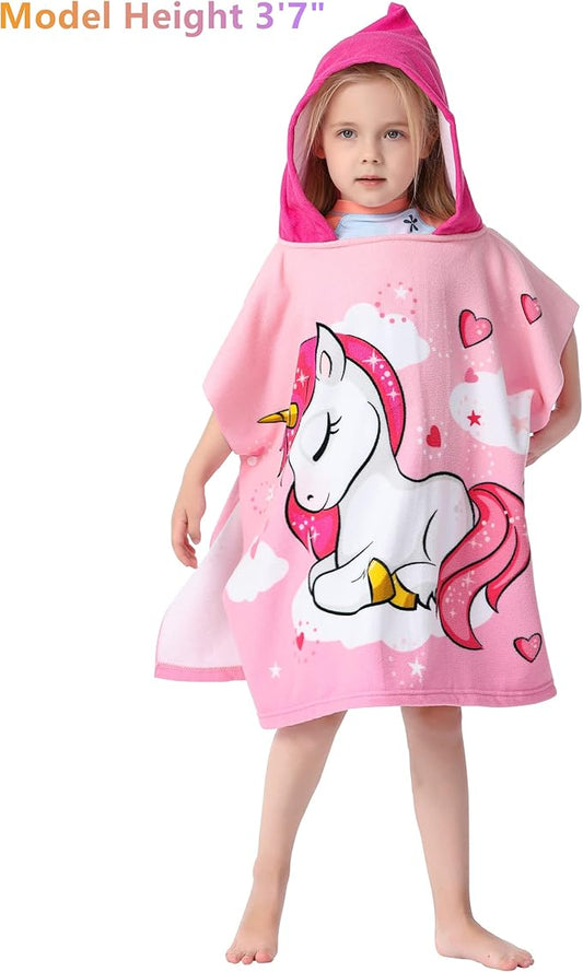 Kids Hooded Poncho Towel for Girls, Toddlers Bath Beach Pool Swim Towels with Hood Cover-ups Swimwear (3D Unicorn with bag)