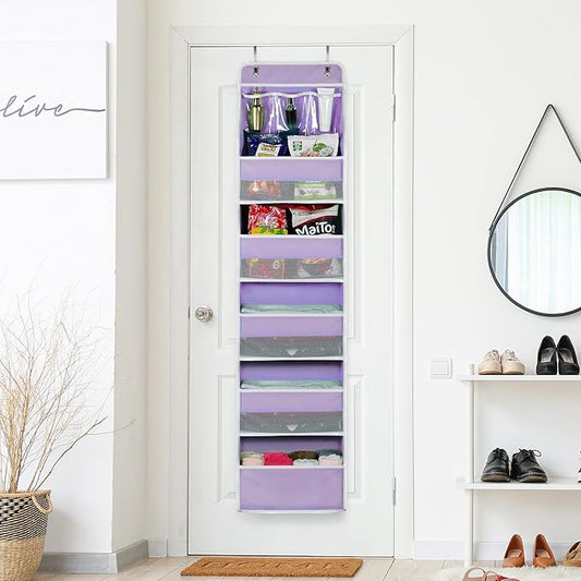Univivi Door Storage Organizer Nursery Over the Door Organizer Baby Storage with 5 Large Pockets and 3 Small PVC Pockets for Cosmetics, Toys and Sundries (Purple)