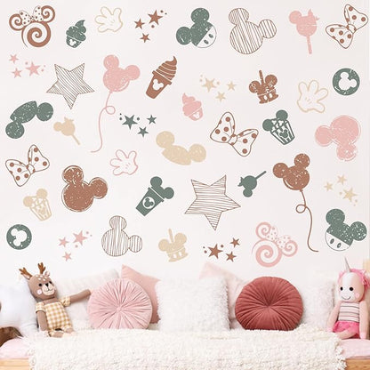 Mfault Cartoon Mouse Wall Decals Stickers, Stripes Stars Pink Polka Dot Bow Nursery Decorations Baby Girls Bedroom Art, Candy Balloon Neutral Toddlers Kids Room Playroom Decor Gifts