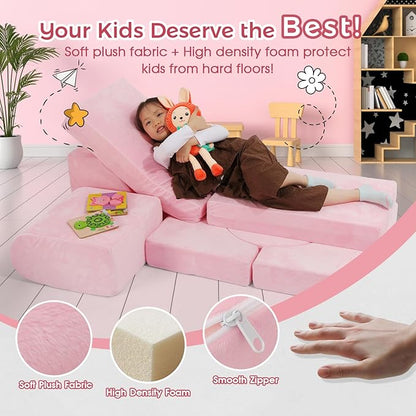 Modular Kids Sofa Play Couch, 12-Piece Kids Couch Sectional Sofa for Playroom Fort Buliding, 3S Instant Rebound and Fully Expand, Versatile Kids Play Couch for Toddler to Teen