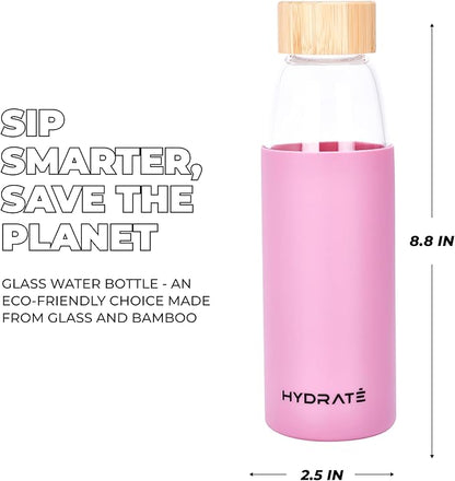 HYDRATE Bottles 20oz Glass Water Bottle with Bamboo Lid - Clear Refillable Bottle with Pink Silicone Sleeve - Leak-Proof Lid - Classic Design for Extra Convenience - Ideal for Drinking Water, Juice