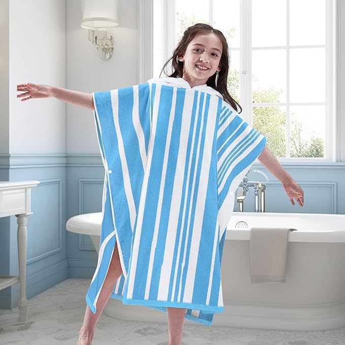VOOVA & MOVAS Big Kids Poncho Towel with Hood - Teens Hooded Pool Towel Robe (8-16Years), Large and Absorbent Cotton - Versatile for Beach, Pool, Swim, and Bath,Light Blue Stripe
