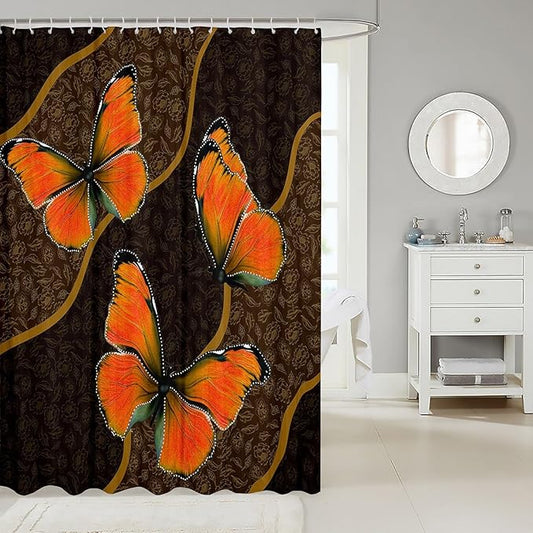 Feelyou Butterfly Shower Curtain 72"x84" Kids Butterflies Botanical Floral Print Bathroom Shower Curtain Set for Boys Girls Teens Geometric Stripes Bath Curtain Yellow Orange Bathroom Accessories