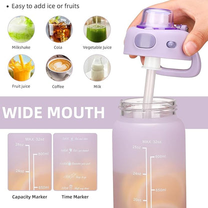 SIEROZUR 32 oz Glass Water Bottle with Straw and Handle Large Sports Motivational Water Bottle with Locking Lid and Time Marker Leakproof Water Jug for Daily Hydration Intake BPA Free