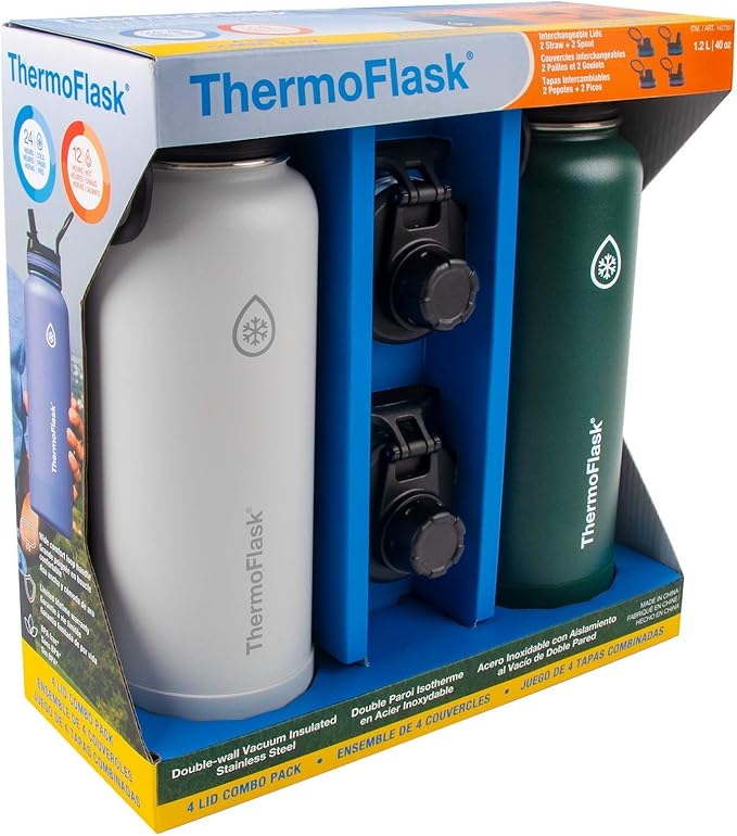 ThermoFlask 40 oz Double Wall Vacuum Insulated Stainless Steel 2-Pack of Water Bottles, Gray/Pine