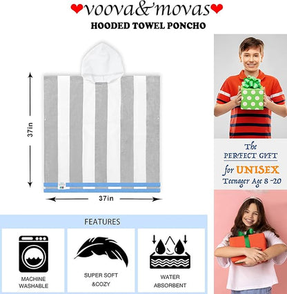 VOOVA & MOVAS Big Kids Hooded Bath Towels - Girl | Teens Pool Towel Poncho Towel Robe (8-16Years), Large Thick and Absorbent Cotton - Versatile for Pool, Swim, and Bath, Grey and White Wide Cabana