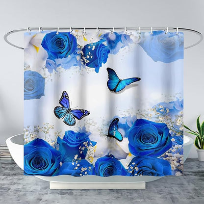 AILONEN Butterfly Shower Curtain for Girl Women,Blue Rose Shower Curtain Butterfly Floral Decor Bath Curtain 72" W*96" H Polyester Fabric Waterproof Bathroom Bathtub Curtain with 12 Hooks