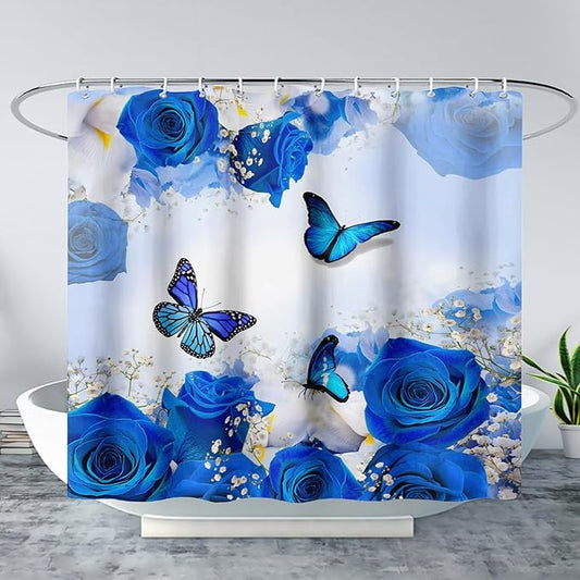 AILONEN Butterfly Shower Curtain for Girl Women,Blue Rose Shower Curtain Butterfly Floral Decor Bath Curtain 72" W*72" H Polyester Fabric Waterproof Bathroom Bathtub Curtain with 12 Hooks
