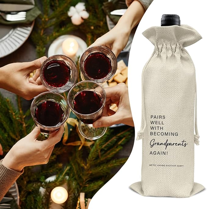 Pregnancy Announcement Wine Bag, Second Baby Announcements Gifts for Grandma Grandpa, Baby Reveal Gift, Pregnant Again, Becoming Grandparents Again Wine Gift Bag