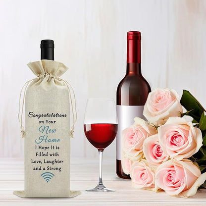 Housewarming Gift New Home Gift Wine Gift Bag First New Home Gift for Homeowner Friends Men Coworker Housewarming Party Decors Wine Bottle Wrap Bag Christmas Gift for Host Drawstring Burlap Wine Bag