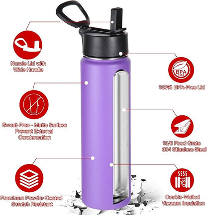 Volhoply 24oz Insulated Water Bottle With Straw Bulk 6 Pack,Metal Wide Mouth Water Bottles With Handle Lid Keep Cold,Reusable Double Wall Thermos,Powder Coated Sport Bottle For Holder(Purple,6 Count)