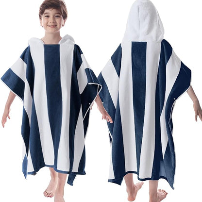 VOOVA & MOVAS Hooded Towel Poncho for Boys| Girls | Teens (8-16Years), 100% Cotton Thick Poncho Towel Robe for Kids, Perfect for Pool, Beach, Bath and Gifts, Navy White Stripe