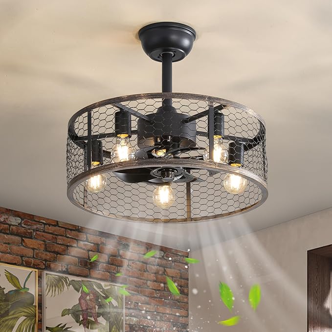 NicBex Ceiling Fan 20 Inch Ceiling Fans with Lights Caged Ceiling Fan with Blades and Remote Control Down Rod Mount Ceiling Fans for Bedroom, Living Room, Black Gray