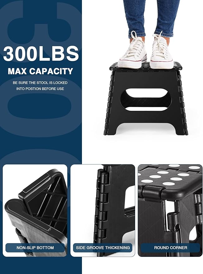 Folding Step Stool 11", Durable Kids Step Stool, Heavy Duty Step Stools for Adults, Compact Foot Stools, Light-Weight Toddler Step Stool for Kitchen, Bathroom, Holds Up to 300 lbs (Black)