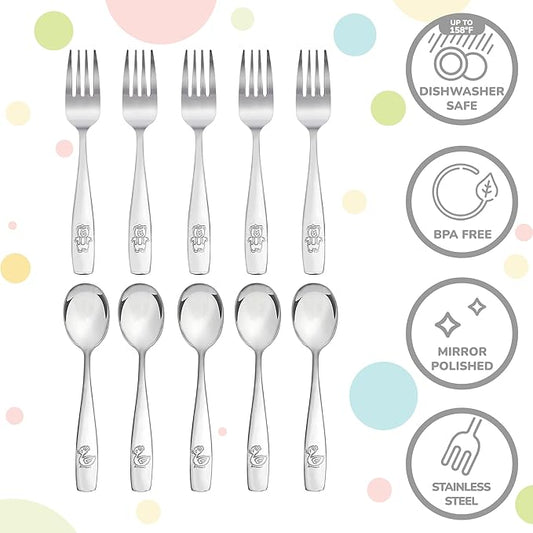 Kids Silverware Stainless Steel Set of 10 Toddler Utensils Forks and Spoons - Dishwasher Safe Kids Flatware Set Children's Safe Cutlery Set
