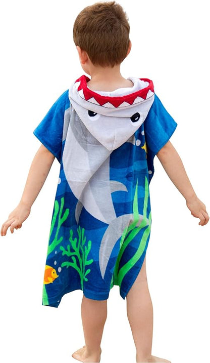 Soft Cotton Catroon Shark Towel Poncho for Kids Bath Beach Pool Swim with Drawstring Bag