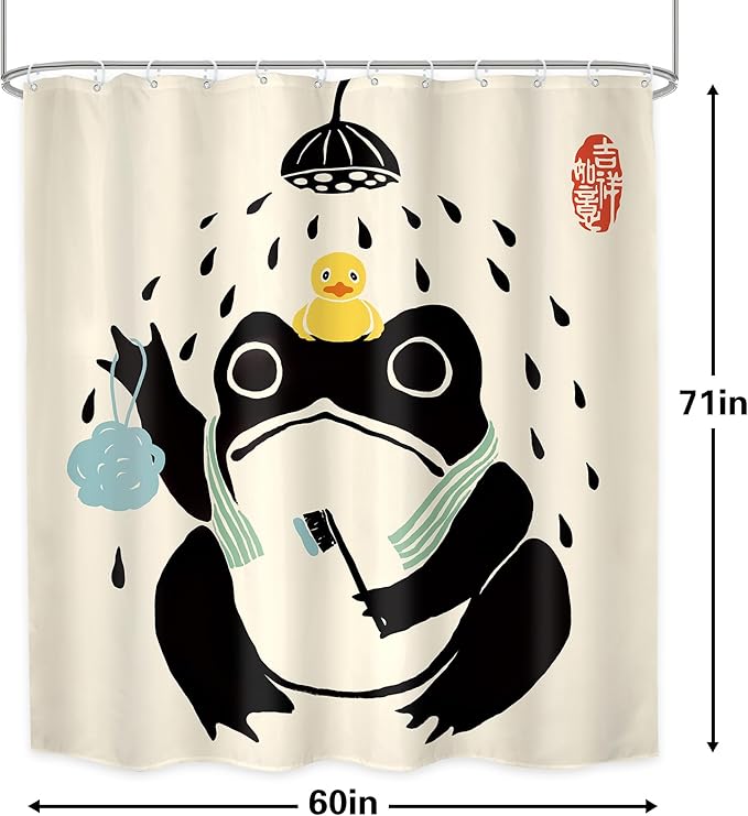 LGhtyro Funny Frog Shower Curtain Bathroom Set 60Wx71H Inches Cute Animal Bath Asian Style Traditional Japanese Art Rubber Duck Bath Accessories Retro Black Beige Art Home Decor Fabric 12 Pack Hooks