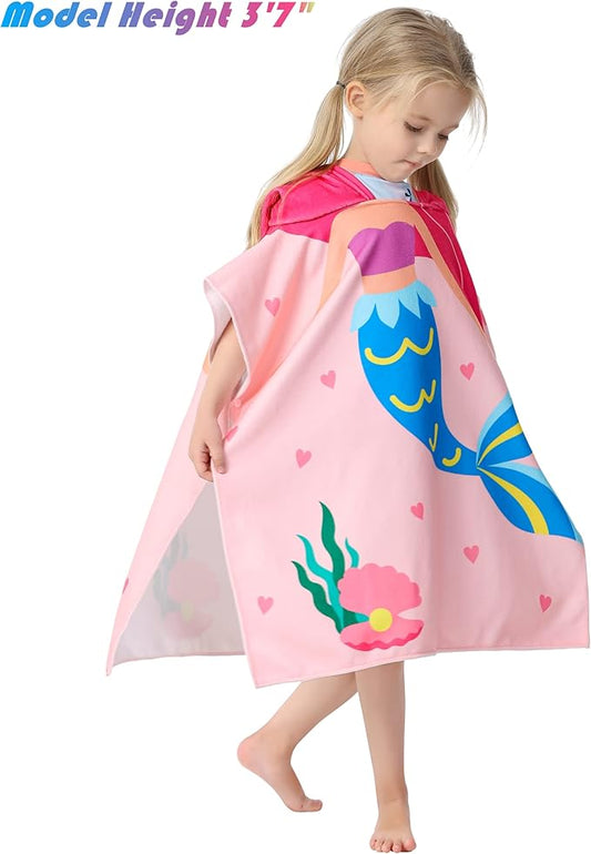 Pink Mermaid Hooded Beach Towel Poncho for Kid Girls Toddlers Bath Pool Swim Poncho Cover-ups Swimwear Soft Lightweight Microfiber