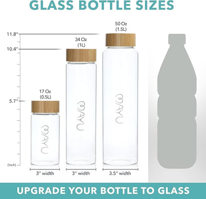mayu Travel Water Bottle with Bamboo Lid - Eco Friendly & BPA Free Borosilicate Glass | Adult and Kids Bottles with Cap - Leak Free Design - Non-Toxic Reusable Bottle for Everyday Use | 0.5L, 17OZ