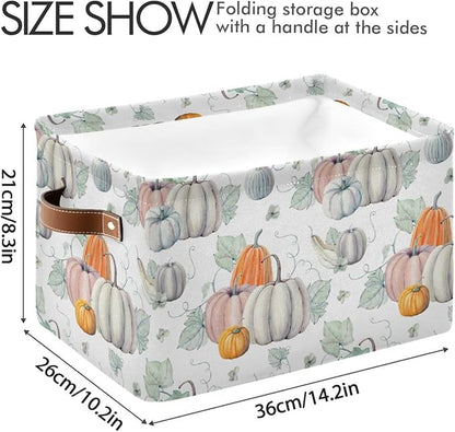 Fall Pumpkin Storage Basket Fabric Kitchen Baskets Autumn Maple Leaves Open Home Storage Bins Boxes Foldable Organizer Bag for Baby Cloth Pet Toy Book Shelf Closet Baskets 16×12×8 Inches