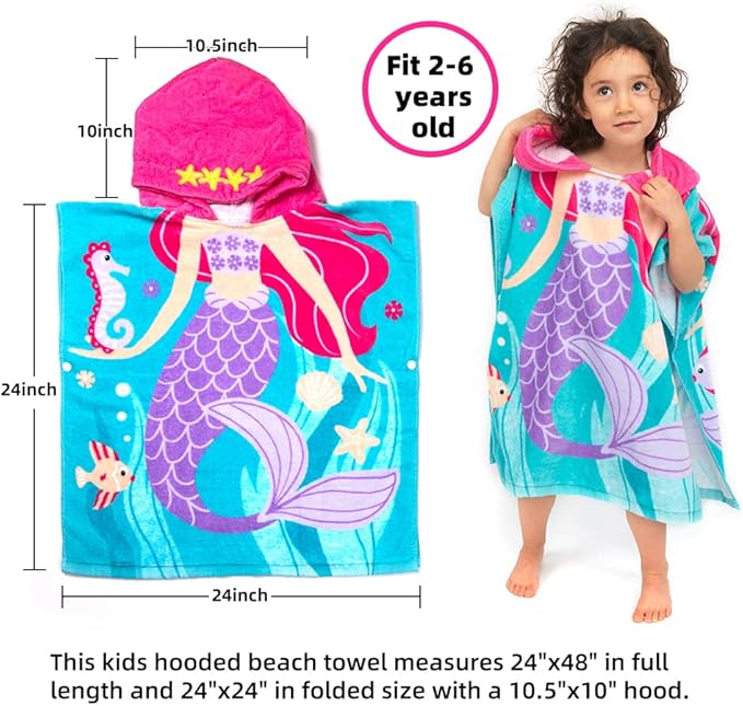 Toddler Hooded Beach Towel Coverup Cape Kids 100% Cotton Soft Quick Dry Absorbent Use for Swim Pool Bath Poncho Towels for 2 to 6 Years Old Children Size 24"x 47" in Full-Length (Fancy Mermai')