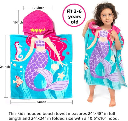Toddler Hooded Beach Towel Coverup Cape Kids 100% Cotton Soft Quick Dry Absorbent Use for Swim Pool Bath Poncho Towels for 2 to 6 Years Old Children Size 24"x 47" in Full-Length (Fancy Mermai')