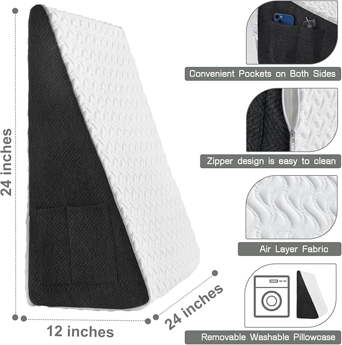 Cosmoluxe 12" Bed Wedge Pillow with Cooling Memory Foam Top, Triangle Pillow for Acid Reflux, Heartburn, Snoring, and GERD Relief, Headboard Wedge to Reduce Neck and Back Pain