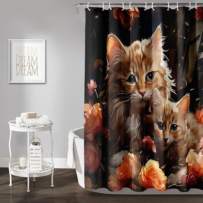 AILONEN 3D Kawaii Cat Shower Curtain,Lovely Kitten Mom and Son Polyester Cloth Bath Curtain Set for Girls Boys,Cute Animal with Flowers Waterproof Shower Curtains for Bathroom, 72" W*78" H