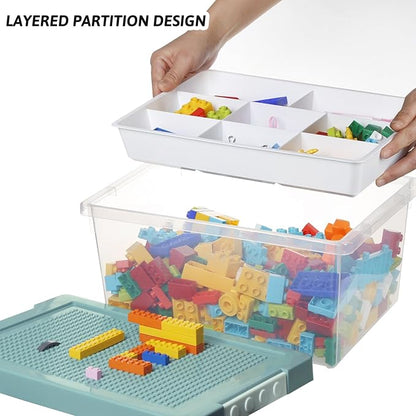 loobuu Plastic Storage Bins with Lids - 1 Set Stackable Arts Crafts Organizer Box with Removable Divided Tray &Compatible Building Baseplate,Toy Chest Containers for Bricks -Green(14.37"x9.64"x6.69")