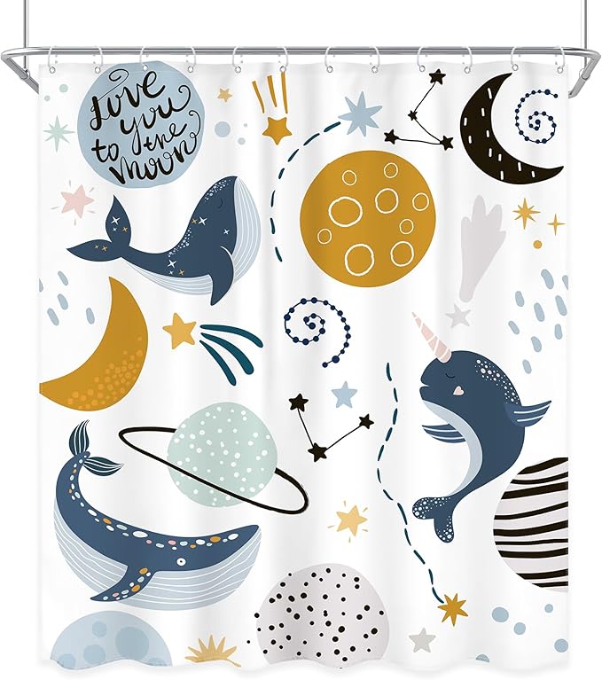 Kids Boys Whale Shower Curtain Space Ocean Cartoon Planet Cute Ocean Sea Animal Universe Galaxy Moon Stars Cool Cosmos Bathroom Set 60Wx72L Inch Bath Curtain Bathtub Accessories Home Decor