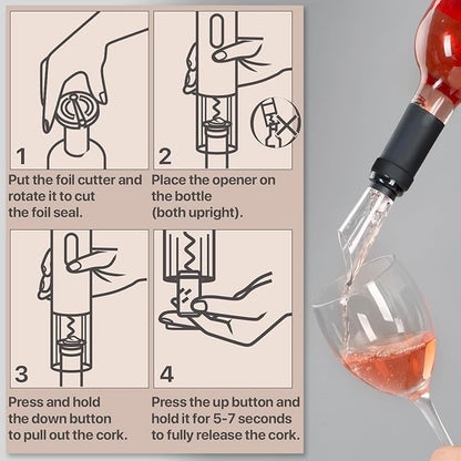 Electric Wine Opener – Wine Bottle Opener Kit with Foil Cutter, Wine Aerator, Vacuum Stopper – Battery-Operated Corkscrew Wine Opener – Cordless Automatic Wine Opener – Birthday Wine Gift Set