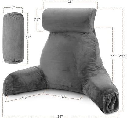 Nestl Reading Pillow Large Bed Pillow, Back Pillow for Sitting in Bed Shredded Memory Foam Chair Pillow, Reading & Bed Rest Pillows Grey Back Pillow for Bed, Bed Chair Arm Pillow with Pockets