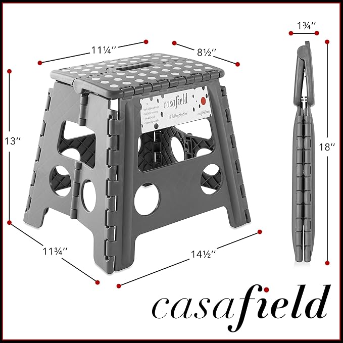 Casafield 13" Folding Step Stool with Handle, Gray - Portable Collapsible Small Plastic Foot Stool for Adults - Use in The Kitchen, Bathroom and Bedroom
