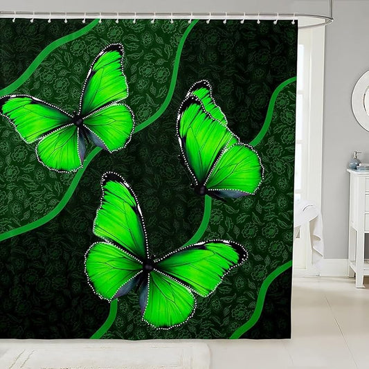 Feelyou Butterfly Shower Curtain 72"x72" Kids Butterflies Botanical Floral Print Bathroom Shower Curtain Set for Boys Girls Teens Geometric Stripes Bath Curtain Green Bathroom Accessories