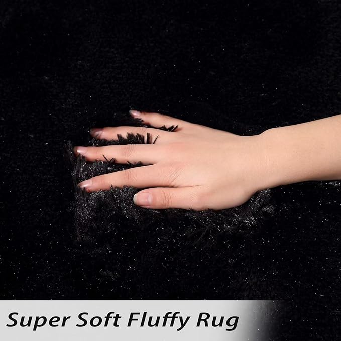 Fluffy Area Rug 10x13 Large Shaggy Throw Carpet for Bedroom Living Room Ultra Soft Non Slip Indoor Floor Cover for Nursery Kids Room Non Shedding Fuzzy Rug for Kids Playroom Home Decor, Black
