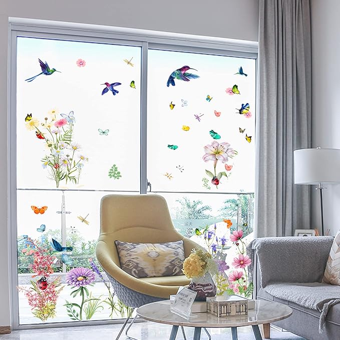 Garden Flower Wall Decals Window Clings, Narcissus Iris Florals Window Decals Peel and Stick, Green Leaves Wall Vinyl Decal, Butterfly Bouquet Wall Art Decor for Girls Bedroom Window Doors