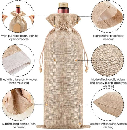 Homum 24Pcs Premium Burlap Wine Bags and 12Pcs Gift Tags, Reusable Wine Gift Bags with Drawstrings, Wine Bottle Bags, Wine Bags for Wedding, Birthday, Blind Tastings, Christmas,Party, Home Storage