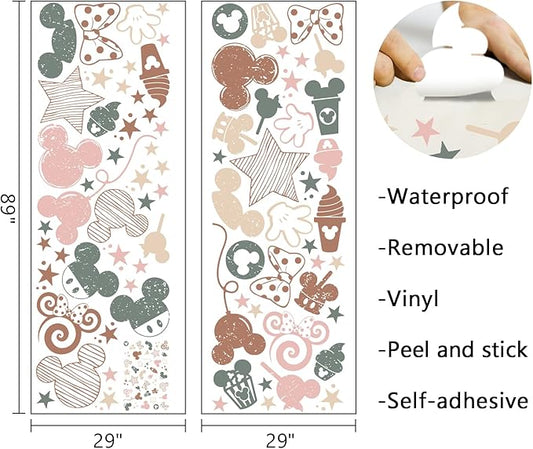 Mfault Cartoon Mouse Wall Decals Stickers, Stripes Stars Pink Polka Dot Bow Nursery Decorations Baby Girls Bedroom Art, Candy Balloon Neutral Toddlers Kids Room Playroom Decor Gifts